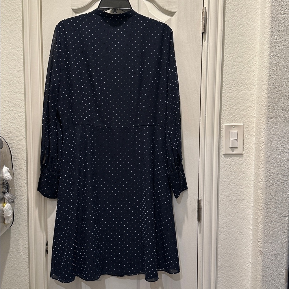 MASSIMO DUTTI Navy Blue Flocked Polka Dot Long Sleeve Fit & Flare Dress Women 10 - Picture 9 of 16